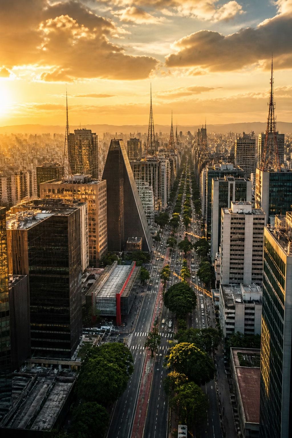 Vista de la avenida Paulista y los edificios de São Paulo al atardecer