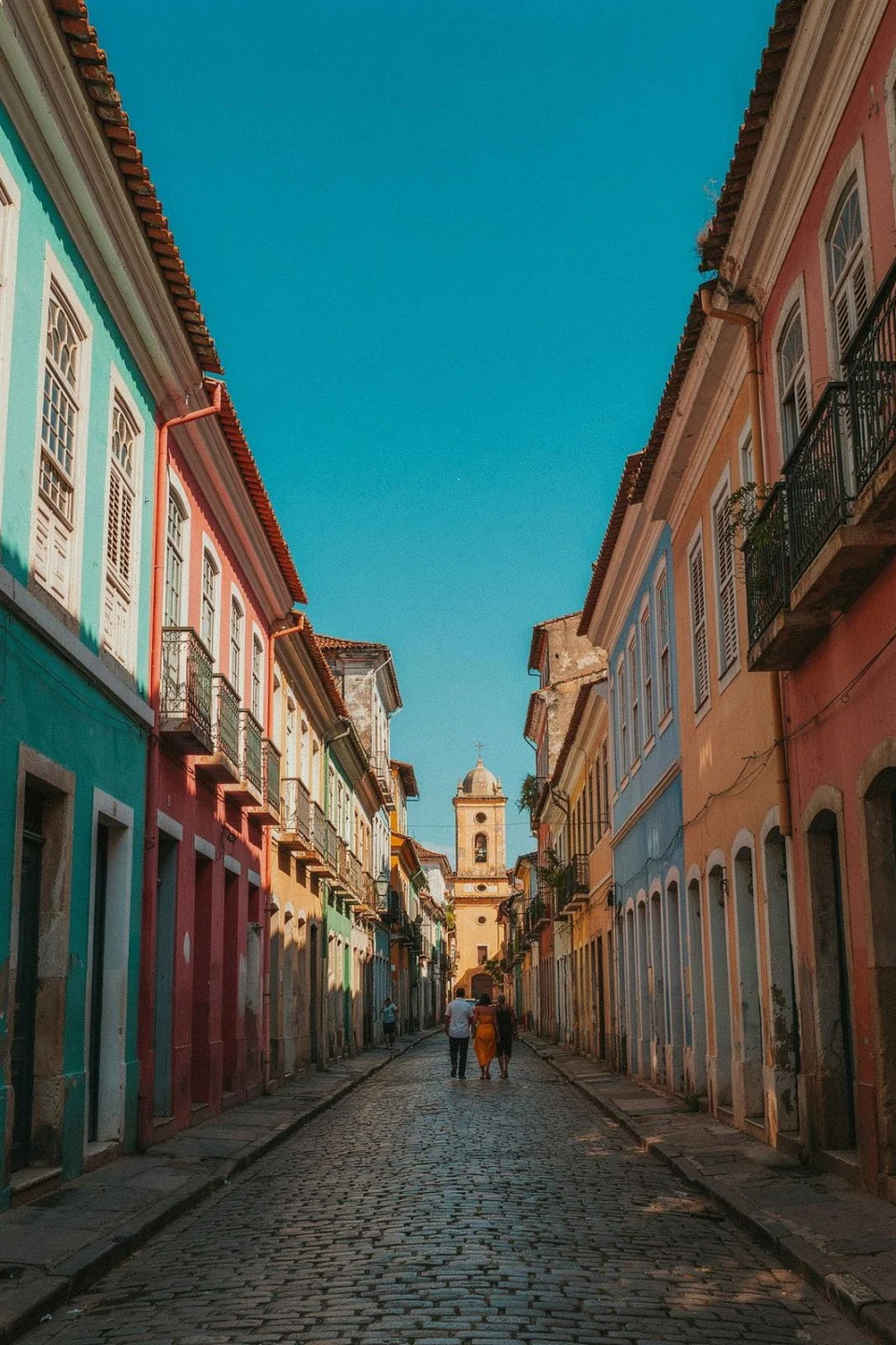 Calles adoquinadas y fachadas de colores del centro histórico de Salvador
