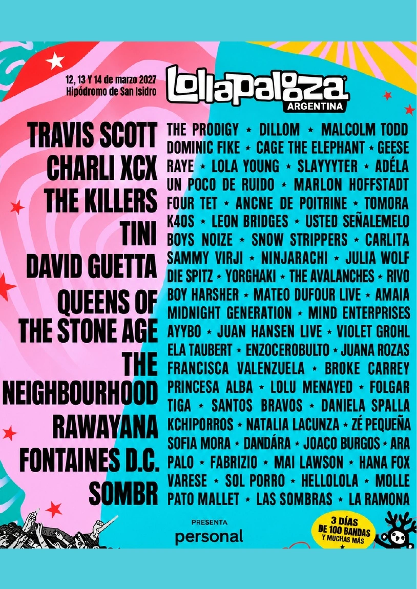 Cartel de Lollapalooza Argentina 2027 con fechas y artistas